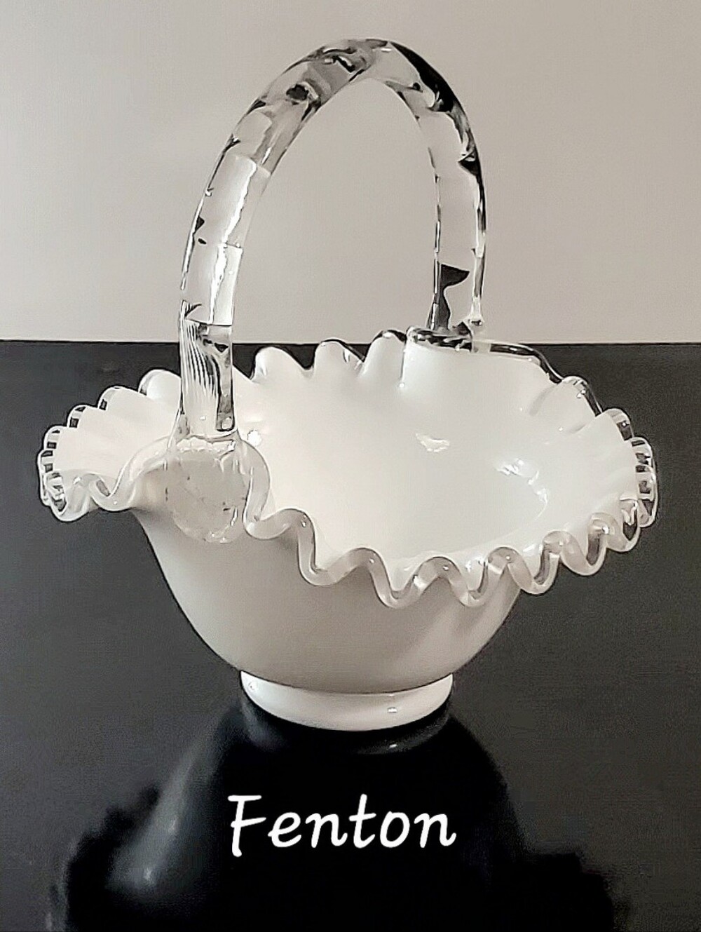 Fenton "Silver Crest" White & Clear Crimped Edge 7.4" Glass Basket